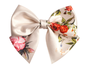 Cream satin bow with delicate rose floral print