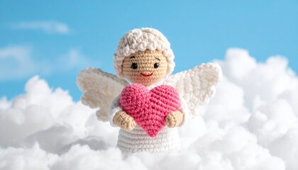 Crocheted angel doll with white wings and pink heart against cloud and blue sky background