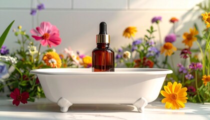 Decorative white bathtub with bottle and colorful flowers on light surface with soft gradient background