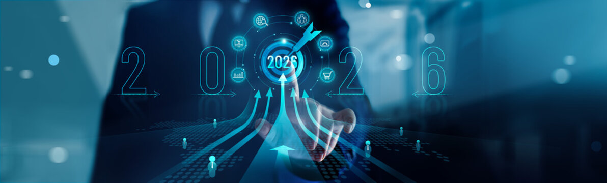 Road to successful 2026 concept, Business target growth and development plan, Profit of growth, Businessman pointing at upward arrow and target, Analyzes trend of marketing,Business strategy and goal