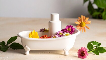 Decorative white bathtub with bottle and colorful flowers on light surface with soft gradient background