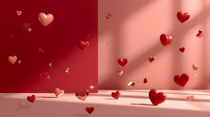 Floating red hearts against a soft pink and red backdrop romantic aesthetic