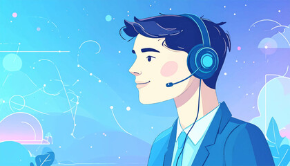 Illustrated profile of a support agent wearing a headset on a stylized blue background with geometric shapes