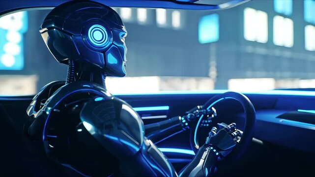 AI robot driving car Autonomous Vehicle Artificial Intelligence Assistant Smart Commute Futuristic Taxi Technology Metaphor