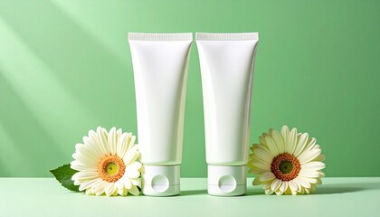 Two white cosmetic tubes with daisies on green surface and background