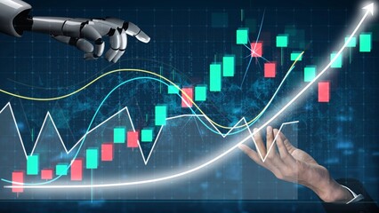 A captivating image of a robotic hand approaching a financial chart with green and red candlestick patterns, illustrating the intersection of technology and investment strategies. Copula