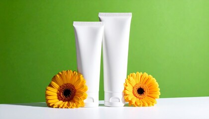 Two white cosmetic tubes with daisies on green surface and background