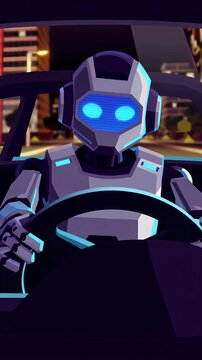 AI robot inside car Autonomous Driving Vehicle Artificial Intelligence Assistant Smart Commute Futuristic Taxi Technology Metaphor 2D Style