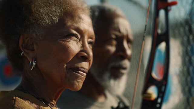 Senior African American woman practices archery, aiming with precision at target. Husband watches from background. Active senior lifestyle, focus, strength, determination. Outdoors, sport, hobby.