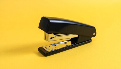 Black and metallic desktop stapler on bright yellow background
