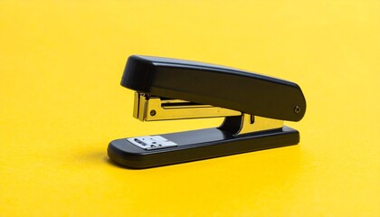 Black and metallic desktop stapler on bright yellow background