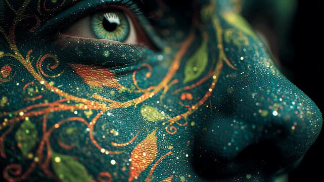 Earth goddess vision in shaman ayahuasca hallucination concept. A close-up of a face adorned with intricate, colorful patterns and vibrant details.