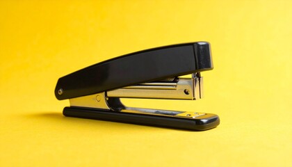Black and metallic desktop stapler on bright yellow background