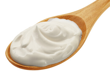 Sour Cream on wooden spoon, mayonnaise, yogurt, isolated, full depth of field