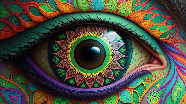 Earth goddess vision in shaman ayahuasca hallucination concept. A vibrant eye surrounded by intricate, colorful patterns and natural elements.