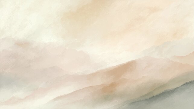 A view of a mountain landscape showing soft colors of brown and cream. Mist covers the lower areas. This scene captures the early morning light filling the sky.