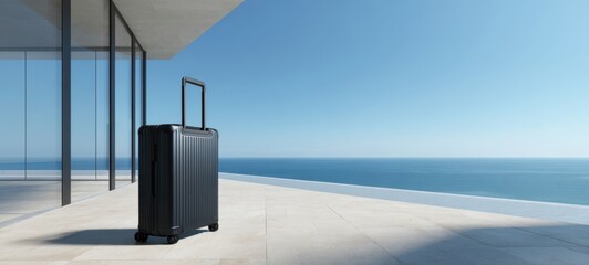 The suitcase on a modern oceanfront terrace ready for a luxury seaside getaway