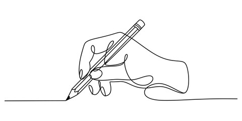 A single continuous line drawing of a hand writing with a pencil on a piece of paper Vector, illustration