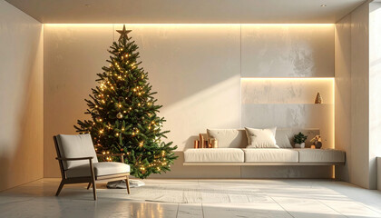 A modern minimalist living room adorned with a beautifully lit Christmas tree and elegant festive decorations.