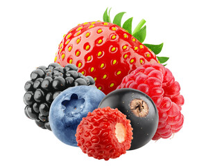 wild berries mix, strawberry, raspberry, currant, blueberry, blackberry, isolated, full depth of field