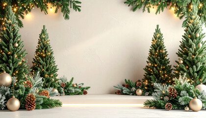 Festive Christmas background with decorated fir trees, golden ornaments, and pinecones on a light wall, perfect for holiday greetings or winter themes.