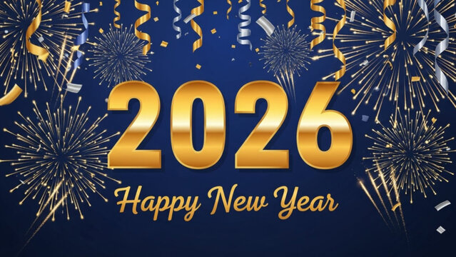 2026 happy new year celebration with gold fireworks and confetti on dark blue background