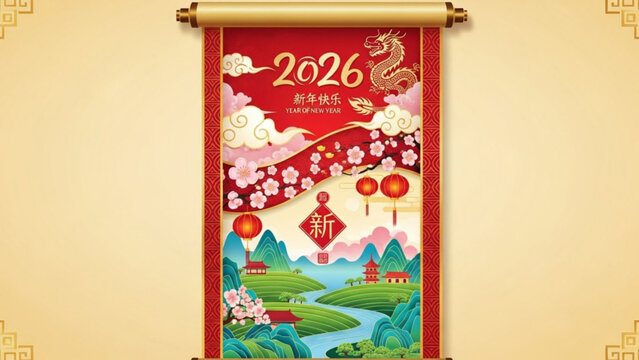 Vibrant chinese new year 2026 scroll with dragon and cherry blossoms hanging on beige pastel