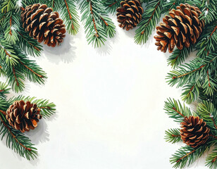 A festive border of green pine branches and brown pine cones framing a white background, evoking winter holidays.