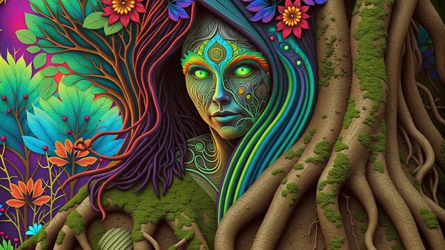 Earth goddess vision in shaman ayahuasca hallucination concept. A colorful, abstract representation of a woman with nature-inspired facial art.