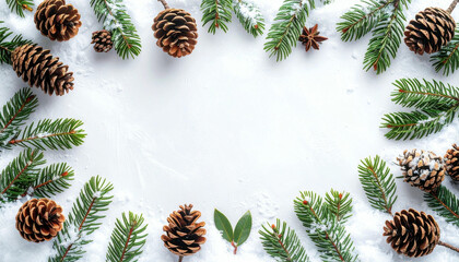 Winter holiday frame with fir branches, pine cones, and snow on a white background, perfect for festive greetings or seasonal designs.