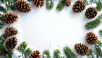 A festive winter frame with natural pine cones and green fir branches covered in white snow on a clean background, perfect for holiday greetings.