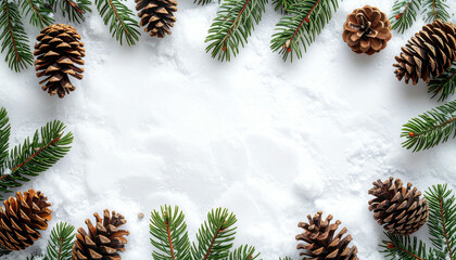 Top view of a festive winter frame with green pine branches and natural brown pine cones arranged on a pristine white snow background, creating a cozy holiday border.