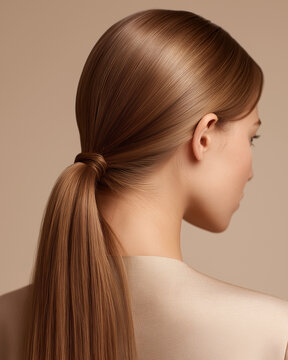 sleek low ponytail hairstyle, glossy straight hair profile, minimalist beauty portrait

