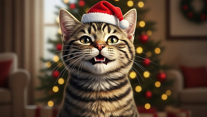 Charming feline companion in a festive Santa hat, heartwarming digital illustrations capturing the joyous spirit of a cozy Christmas holiday season, radiating cheer and domestic bliss