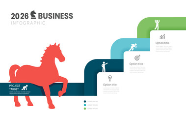 2026 Year of the Horse Business Growth Strategy Concept, 3 Steps Timeline template.