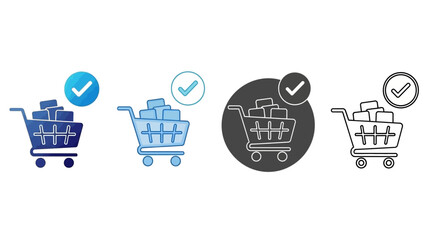 Online Shopping Cart with Checkmark Icon Set Representing Successful E-commerce Transaction and Order Fulfillment Process