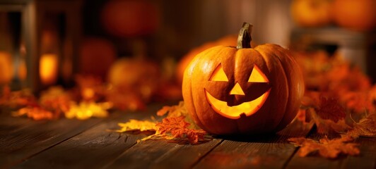 The Pumpkin With a Glowing Carved Smile on Rustic Wooden Table Surrounded by Leaves