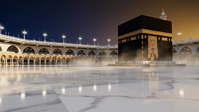 Ka'bah Spiritual Background With Distant Silhouette, Soft Mosque Lighting, and Marble Reflections