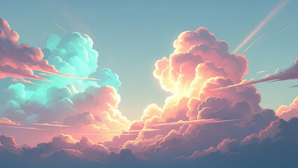 Dreamy Pastel Sky with Fluffy Clouds. stylized cloudscape at sunrise or sunset with a magical glow.
