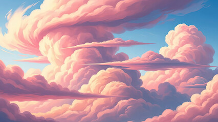 Dreamy Pastel Sky with Fluffy Pink and Purple Clouds on a Bright Blue Ethereal Cloudscape for Romantic Mood