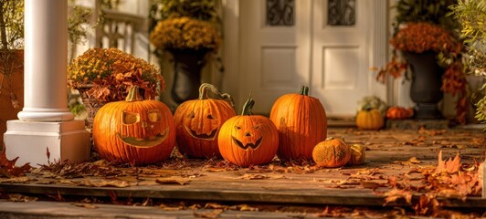 Obraz premium The Pumpkins on an Autumn Porch with Carved Jackolantern Faces and Potted Mums