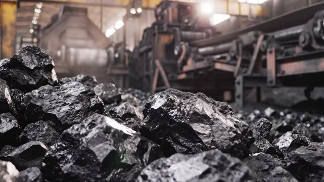 Close Up of Black Coal Rocks in an Industrial Factory with Conveyor Belt System and Natural Light Shining Through Windows illuminating the Dust Particles