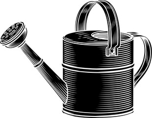 Vintage woodcut style illustration of a gardening watering can garden spade tool © Christos Georghiou