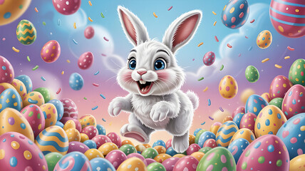 A cheerful easter bunny surrounded by colorful easter eggs in a whimsical scene