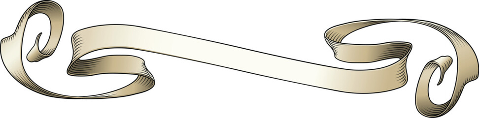 A scroll or banner ribbon paper parchment design element in a vintage woodcut etching style.