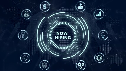 Business, Technology, Internet and network concept. NOW HIRING inscription, modern technology business concept. 3d illustration