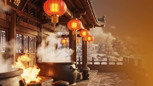 Laba Festival Background With Temple Kitchen Steam and Warm Lantern Glow