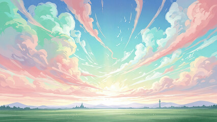 Obraz premium Anime-Style Landscape with Dreamy Pastel Clouds, Serene Green Fields, and Distant Horizon at Sunset or Sunrise