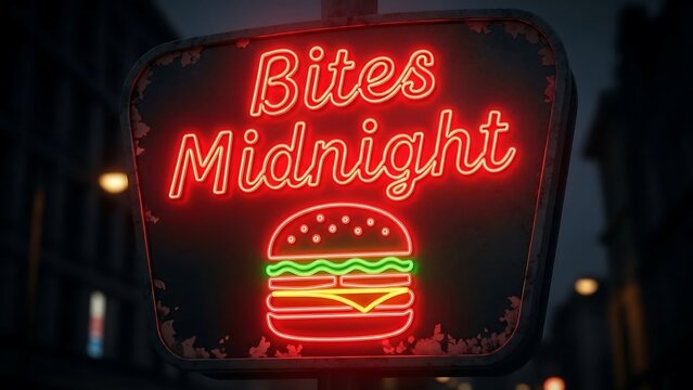 Neon Bites Midnight Signboard at Night.