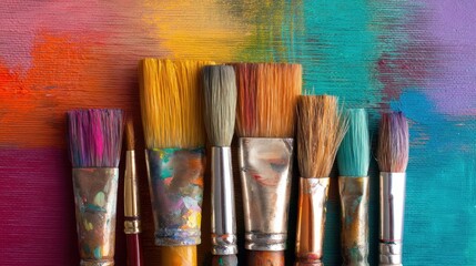 Fototapeta premium A collection of paintbrushes is arranged in a row. The brushes have different types of bristles and colors. In the background there is a blend of vibrant paint colors.
